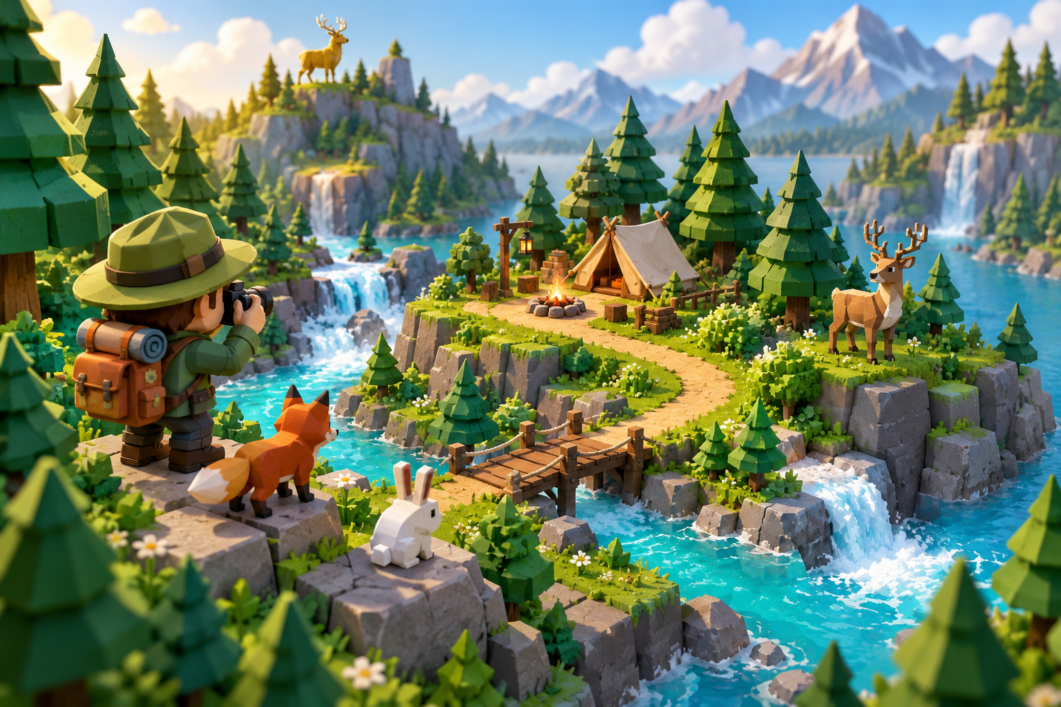 A toy forest with a ranger, deer, fox, and winding river